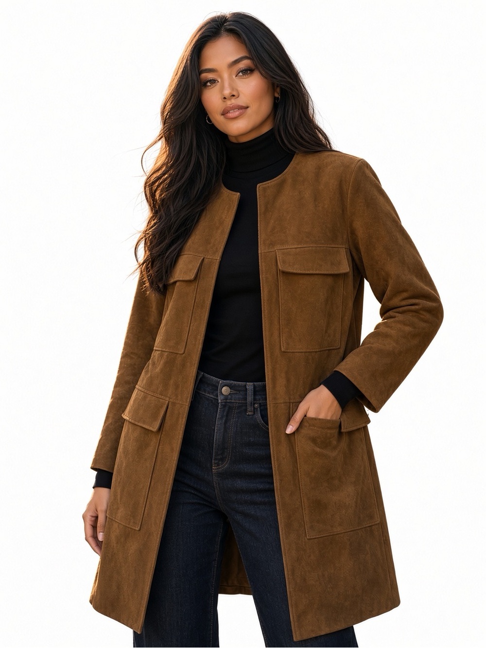 H&M Brown Faux Suede Open-Front Utility Jacket (Women’s Size 10)